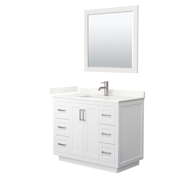 Miranda 42" Freestanding Single Bathroom Vanity with Quartz Top with 34" Mirror, Giotto Quartz, White, Brushed Nickel