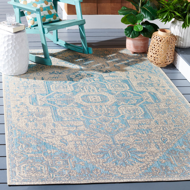 Danya Aqua/Cream Indoor/Outdoor Area Rug, Rectangle 5'3" x 7'6"