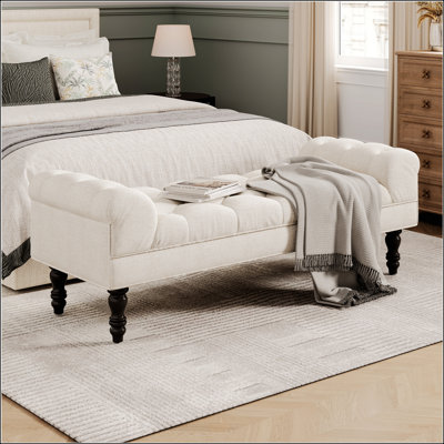 Button-Tufted End Of Bed Bench With Large Upholstered Ottoman, Comfortable Foot Rest And Rolled Arms For Indoor Use
