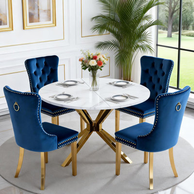 Ensemble de table de salle à manger 47,2 "pour 4, 5 pièces table de cuisine en faux marbre blanc et 4 chaises en velours avec pieds en acier inoxydable doré