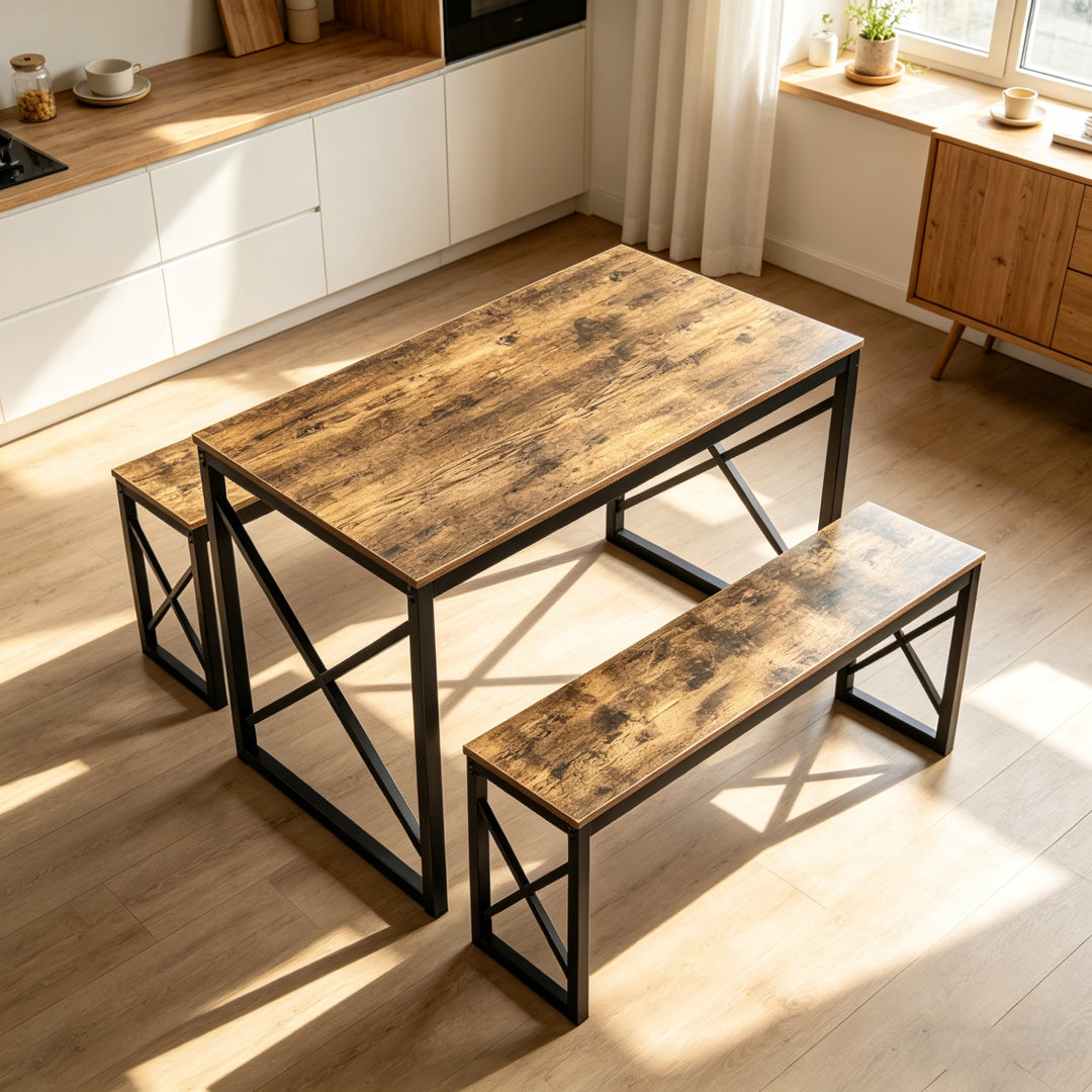 3-Pieces Dining Table Set, Rectangle Dinette With 2 Benches, Metal Frame For Dining Room, Living Room