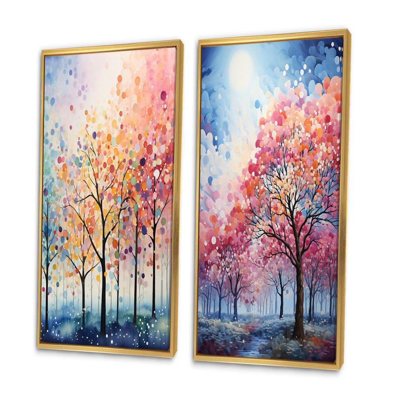 «Trees Field Pointillism Dot», 2 pièces, Encadrement doré, H 40 po x l 40 po