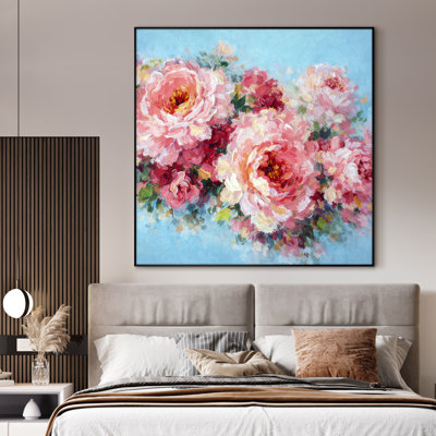 Très grande reproduction d'art sur tissu - Bouquet de pivoines roses, décor de chambre à coucher de chalet - «Assemblage requis (cadre non fini)»