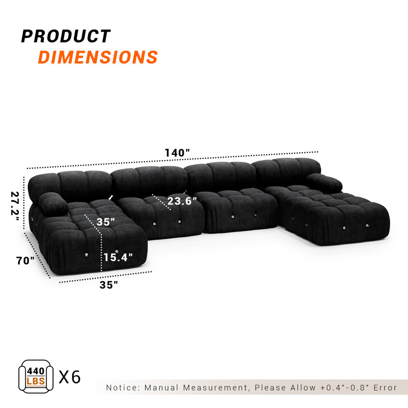 Canapé modulaire chenille modulaire, canapé éponge convertible, canapé désossé pour le salon, canapé 4 places en forme de U avec 2 repose-pieds, accoudoirs et dossier amovibles, rembourré d'éponge à haute densité et ressorts ensachés