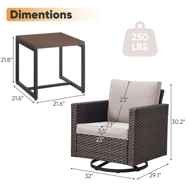 Naresa Wicker Swivel Glider Chairs & Side Table With 4 Inch Olefin Cushions, Beige, Brown