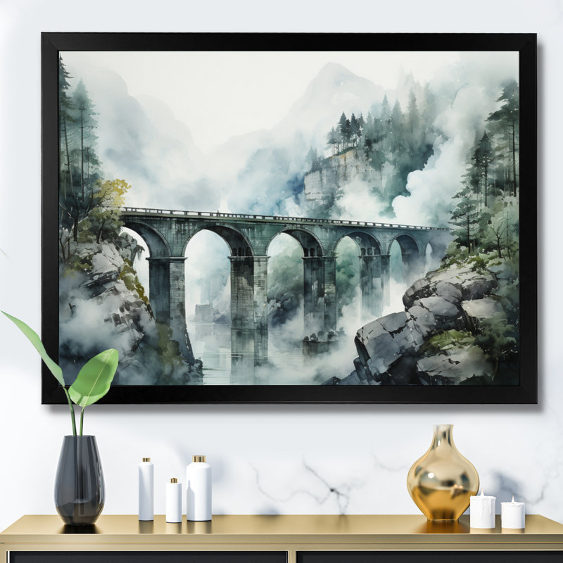 Impression sur toile Babsi Green Bridge Misty Overpass, H 12 po x l 20 po x P 1 po, Cadre simple noir