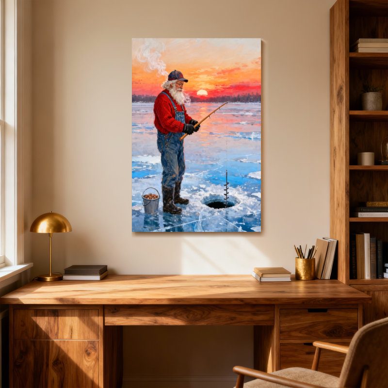 Christmas Ice Fishing Sunset Man With Beard, 48" H x 32" W