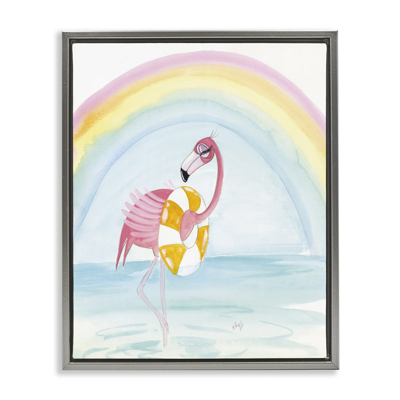 «Summer Beach Flamingo», art mural encadré par Stellar Design Studio, H 31 po x l 25 po, Cadre flottant gris lustré