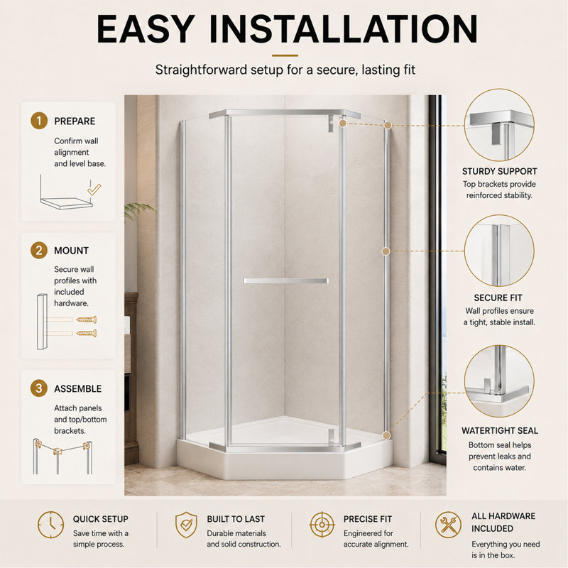 Cabine de douche d'angle néo-angle 36 po x P 36 po x H 72 po avec verre trempé transparent de 1/4 po, cadre en acier inoxydable, film de sécurité et revêtement nano facile à nettoyer, base non incluse