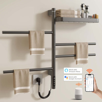 SIOYIE Smart Rotating Heated Towel Rack for Bathroom, 70W Wall-Mounted Electric Towel Dryer with Swivel Bars, 1-24H Timer, 115℉-155℉, Towel Warmer with Wi-Fi App Control, Low Carbon Steel, IPX5, Plug-in/Hardwired, Black