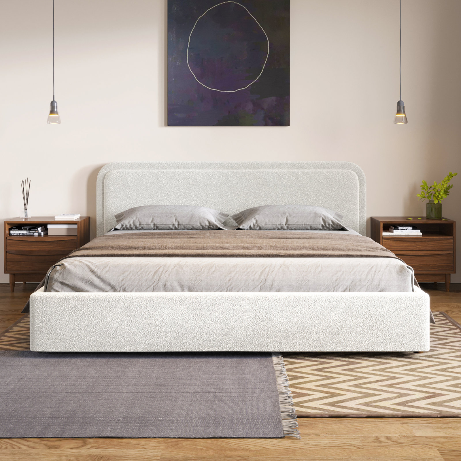 Baneza Platform Bed, White Boucle, King
