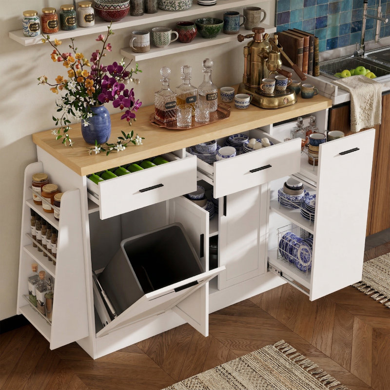 Buffet de cuisine multifonctionnel de 58 po de largeur avec poubelle basculante - Bar à café avec porte coulissante et support à épices à 3 niveaux - Buffet de rangement de 34 po de hauteur - Noir et naturel