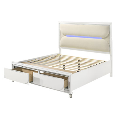 Grand lit avec DEL et rangement - Boucle blanche élégante et style contemporain