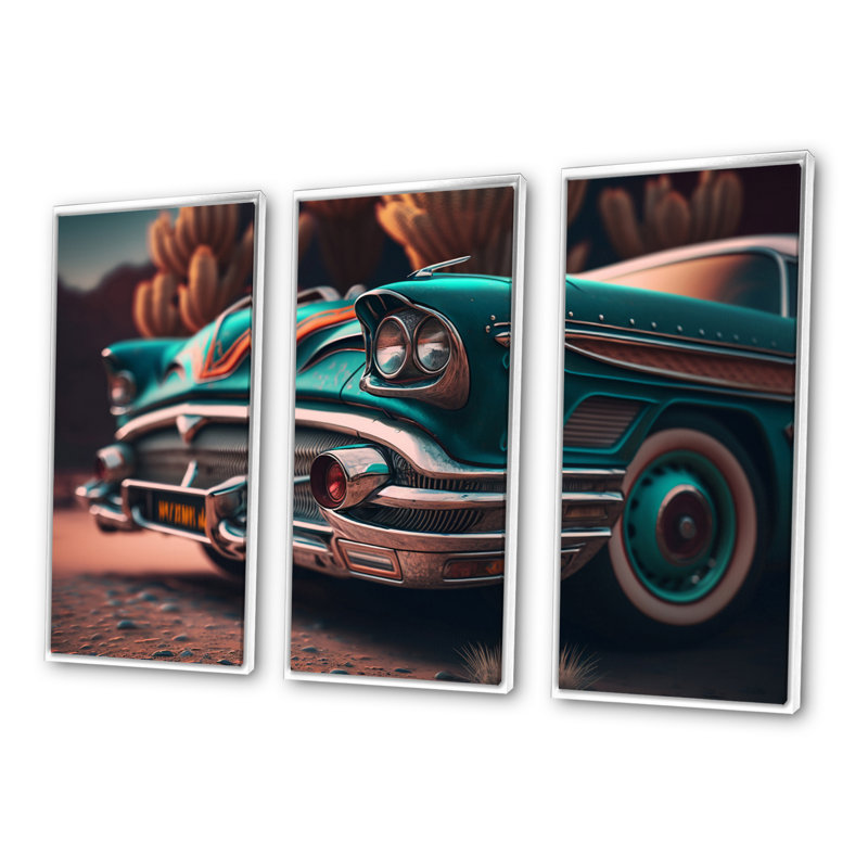 Gros plan d'une voiture rétro classique - impression sur toile 3 pièces, Cadre blanc, L 48 po x H 32 po