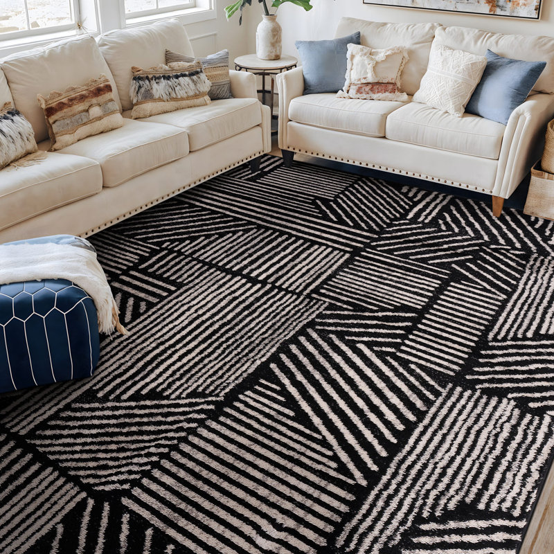 Rambo Geometric Black/Ivory Area Rug, Rectangle 7'10" x 10', Black
