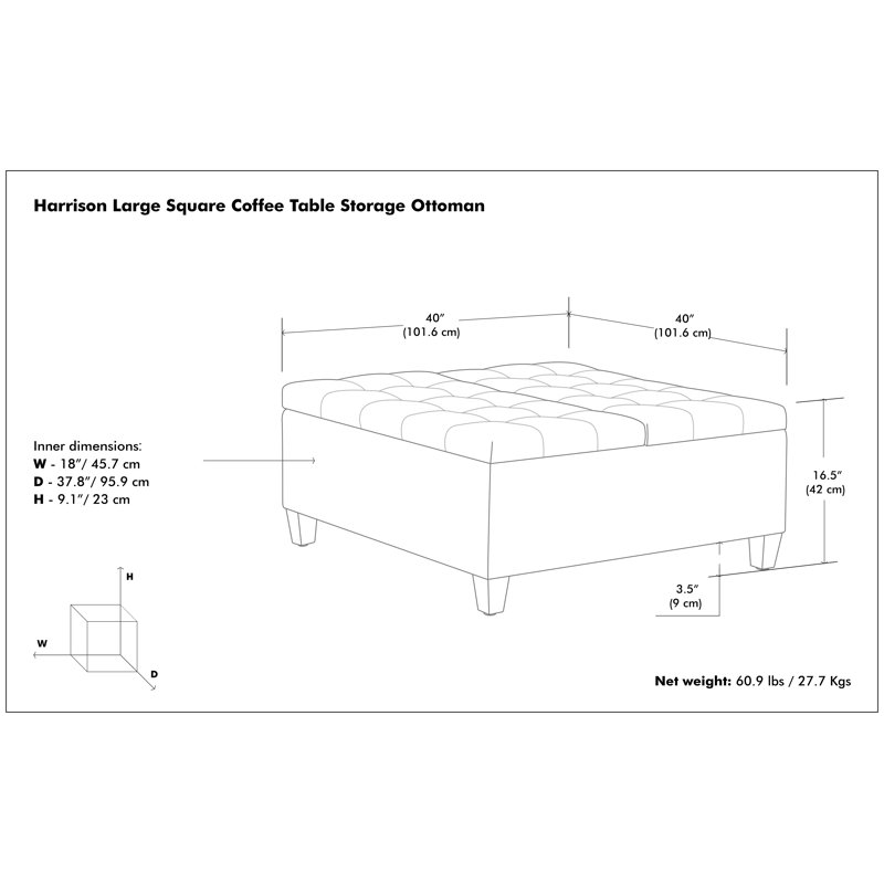 Harrison 40"W Upholstered Large Square Coffee Table Storage Ottoman with Split Lift Top