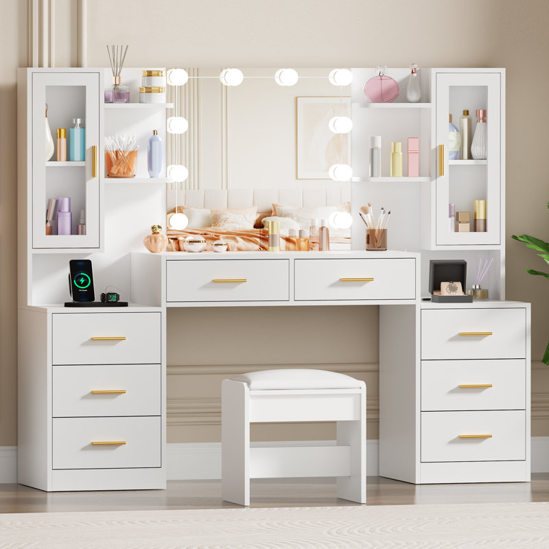 Grande table de coiffeuse 59,1 po avec miroir et lumières Adriel