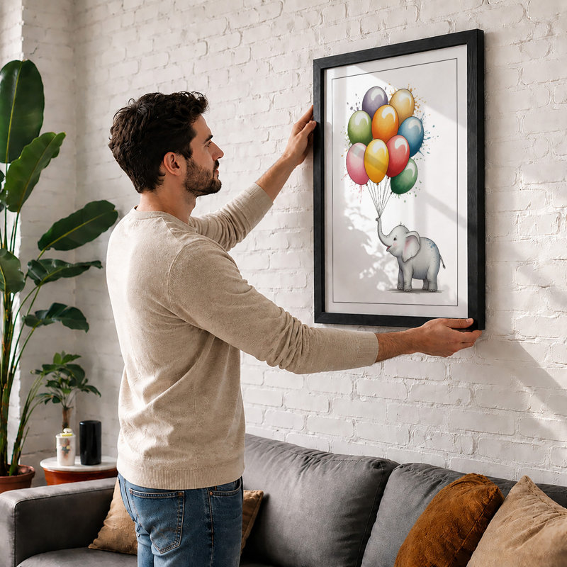 Elephant with Balloons Whimsical - Framed Print, Unframed, A4 - 29.7 x 21.0 cm