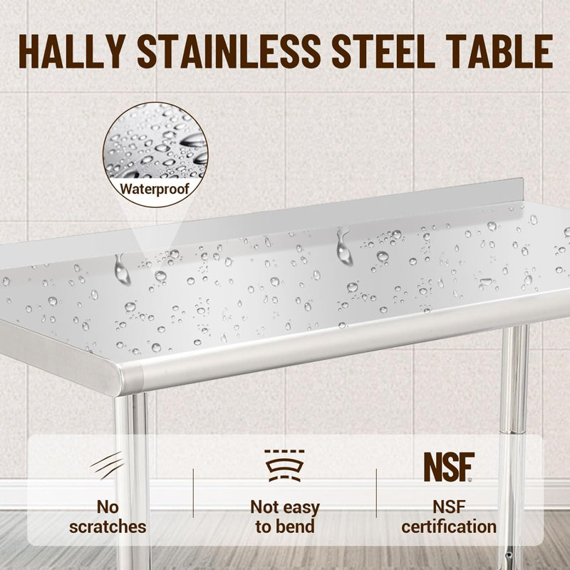 Stainless Steel Table, 24"Metal Prep Table with Backsplash & Adjustable Undershelf,Curved Edge,Heavy Duty Food Prep Worktable with Hooks for Home