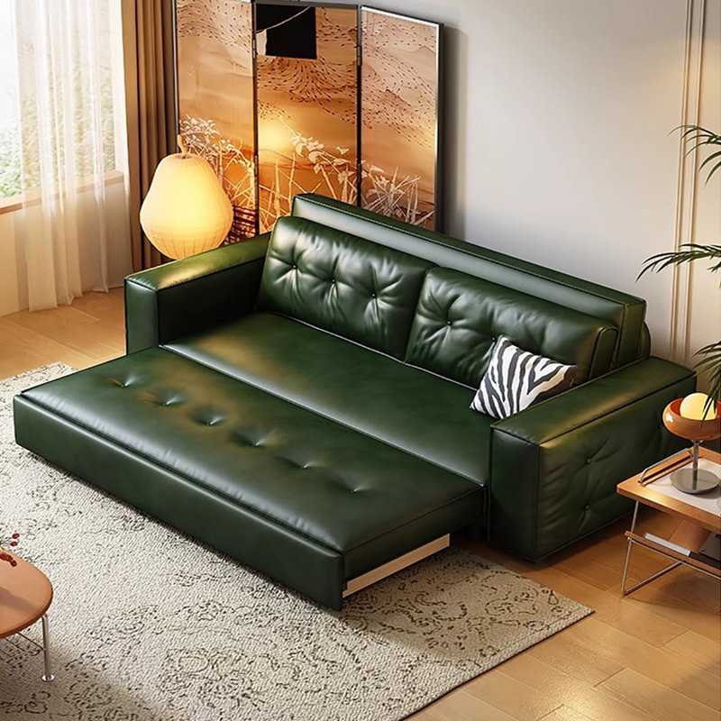 66.93"Green Modern Oil Wax Leather Sofa Bed, 33.07" H x 66.93" W x 31.5" D