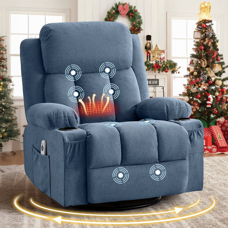 Swivel Rocker Recliner Chair With Vibration Massage And Heat For Living Room ,With Rocking Function And Side Pocket, USB Charge Port,2 Cup Holders
