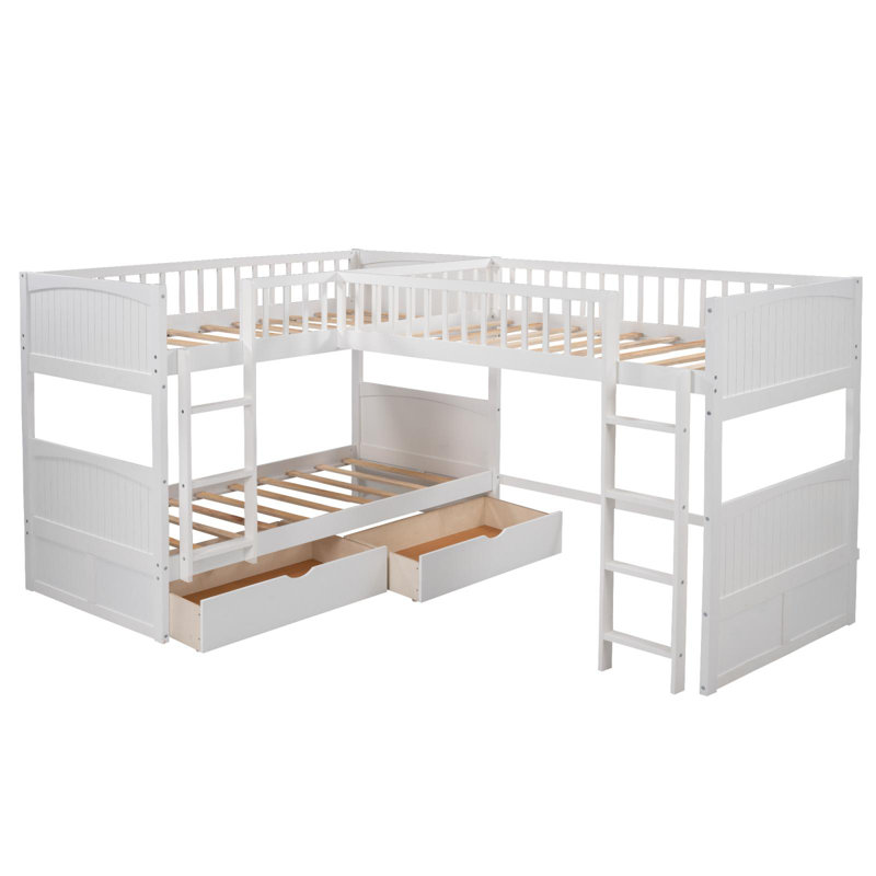 Gennifer Kids Twin Over Twin Bunk Bed with Drawers, White, L - Shaped Bunk Bed