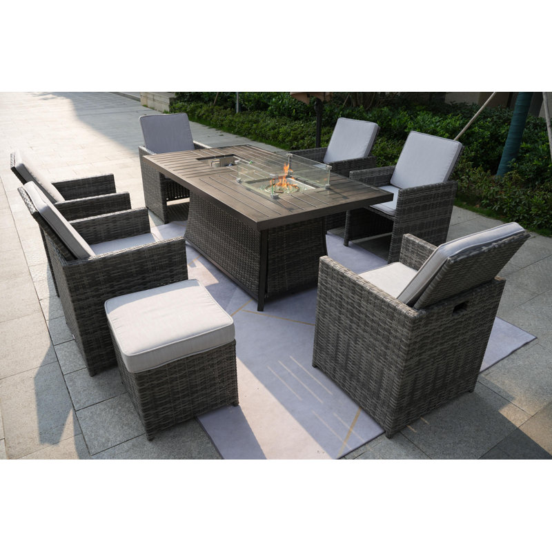 Karen Rectangular 8 - Person 71" Long Fire Pit Table Dining Set With Cushions