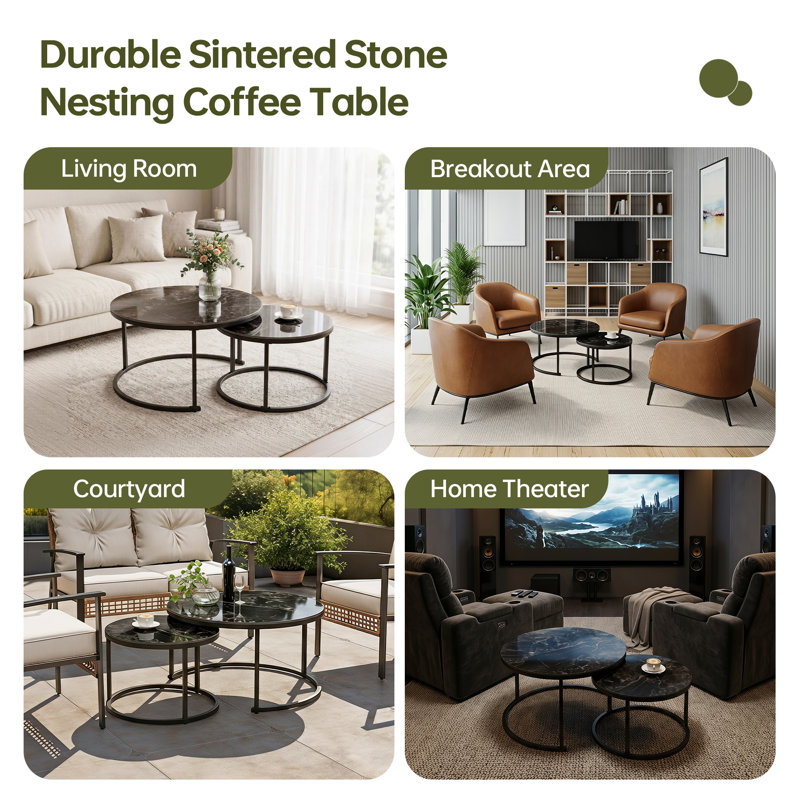 Nesting Coffee Table Set of 2 Gloss Black Sintered Stone for Living Room, Black, 17.72" H x 26.77" L x 26.77" W