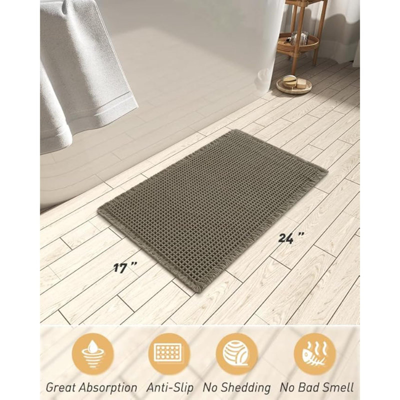 Upgraded Waffle Bath Mat, Super Absorbent Non Slip Bath Mats For Bathroom Floor, Machine Washable Bathroom Rugs With Tassels, Rubber Backed Bathroom Mats, Ultra Soft, 17" X 24"