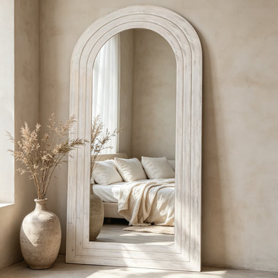 Full Length Mirror With Solid Wood Frame, 76X34 Inch Wall Mounted Floor Mirror With Stand, Arched Oversized Leaning Mirror For Bedroom, Living Room, Entryway, White