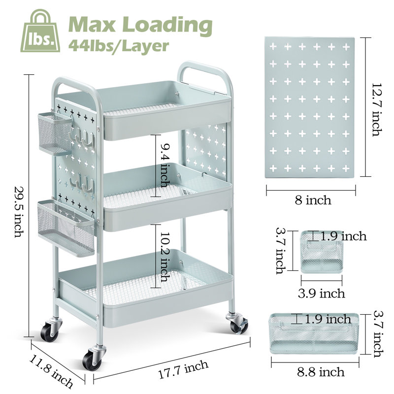 3-Tiers Stainless Steel Utility Cart with Wheels,17.7*11.8*29.5 inch Rolling Cart,Metal Cart, Salon Trolley Cart,Kitchen Storage Cart,Bathroom Cart,Metal Cart