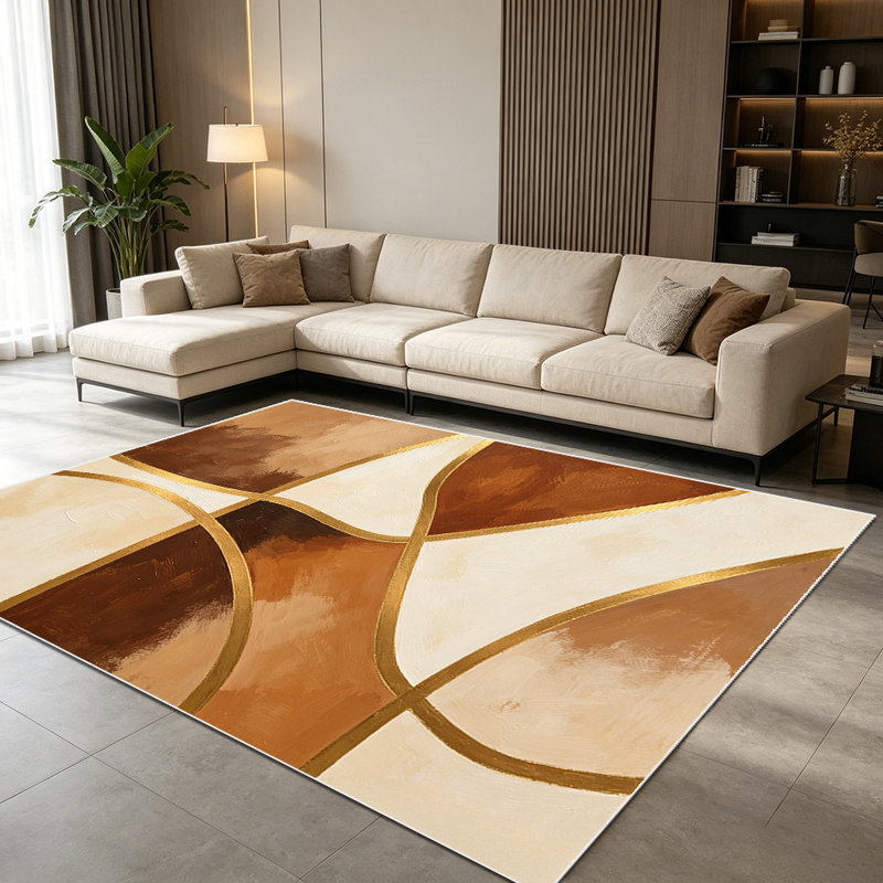 1PC Abstract Geometric Brown Beige Gold Line Art Style area rugs for Living Room, Soft and Comfortable, Suitable for all seasons, easy-to-maintain, machine washable Indoor floor mat, Under Table Farmhouse suitable for dining table, coffee table,