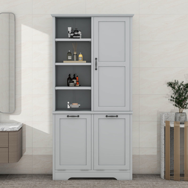 Armoire de rangement pour salle de bain avec panier à linge inclinable, tablettes réglables, Gris