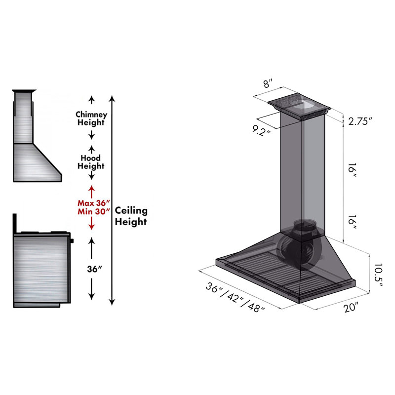 36" 400 CFM Ductless Wall Mount Range Hood, Stainless Steel