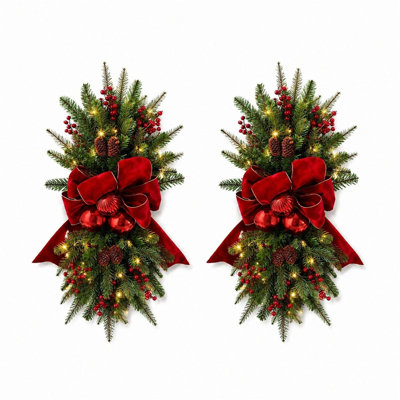 Ensemble de 2 guirlandes lumineuses de Noël en forme de larme pour porte d'entrée, décoration artificielle avec nœud rouge, baies et pommes de pin, décoration de Noël hivernale