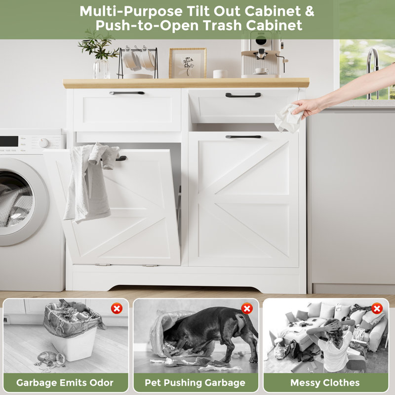 Liora Push-Pull Trash Cabinet With 20 Gallons Wooden Free Standing  (Trash Can Not Included), White/Natural