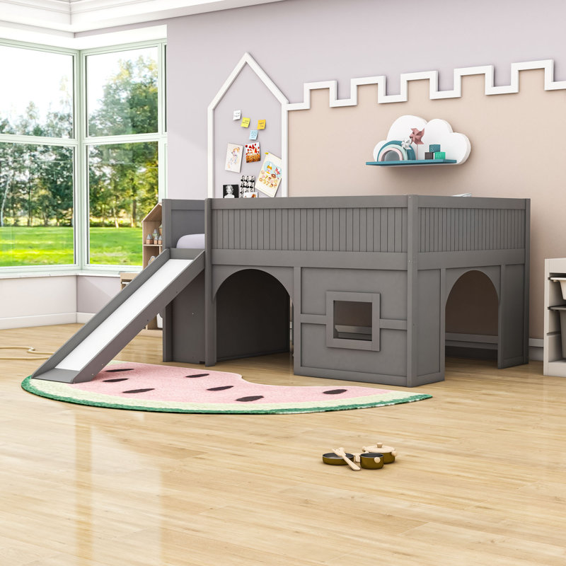 Wood Low Loft Bed with Slide and Storage Shelves, Gray