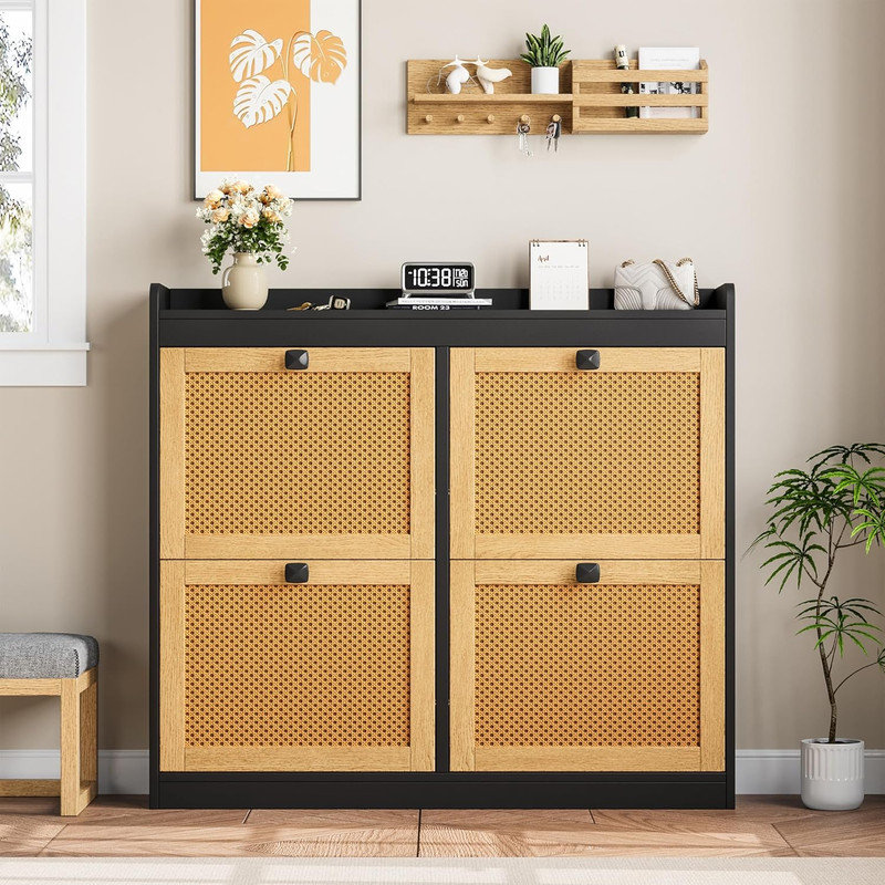 Rattan Shoe Cabinet with 4 Flip Drawers, Adjustable Shelves Shoe Organizer for Entryway & Hallway, Black/Natural