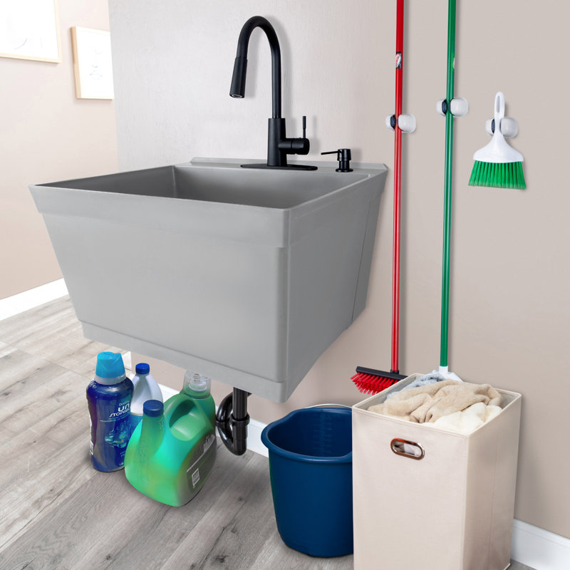 Évier à lessive mural L 23 po x l 24 po avec robinet, Noir