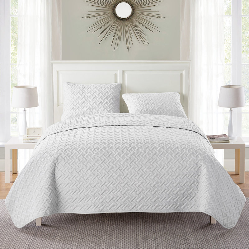 Nina Embossed Basketweave Quilt Set, White, King Coverlet + 2 Shams