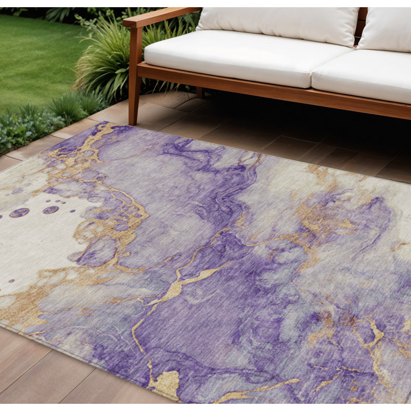 Tapis intérieur/extérieur lavable, motif abstrait violet et or, 2,44 m x 3,05 m