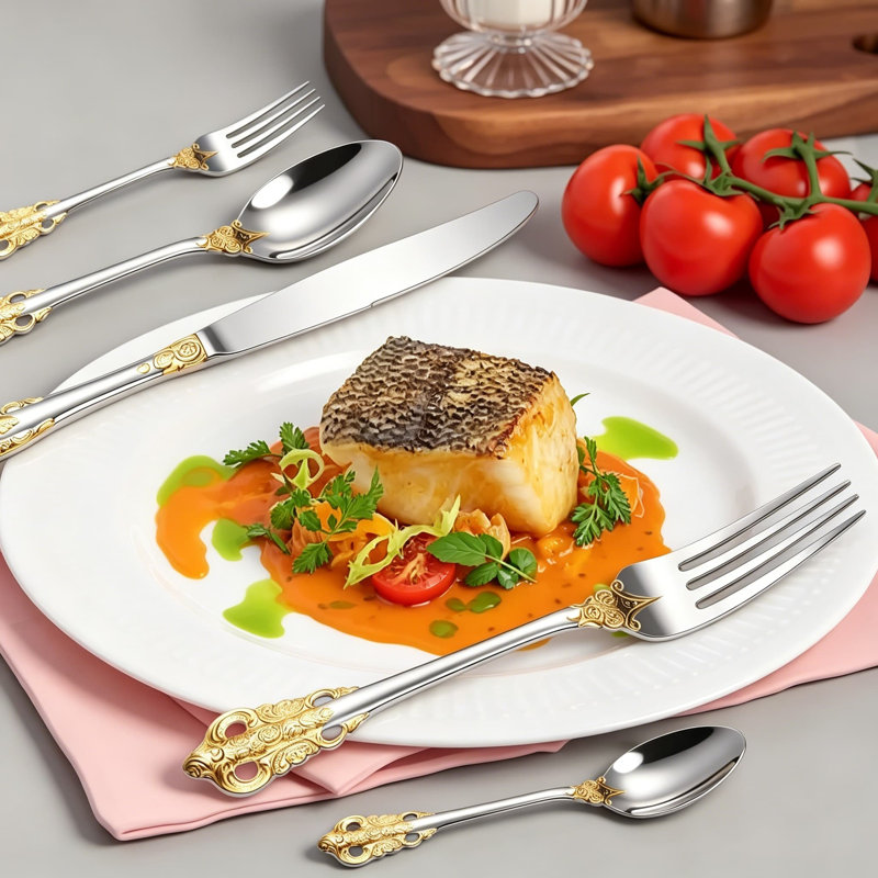 Ensemble de couverts 20 pièces de luxe, ensemble de couverts en acier inoxydable 304 avec accents dorés, ensemble de couverts polis miroir pour un dîner raffiné et des occasions spéciales