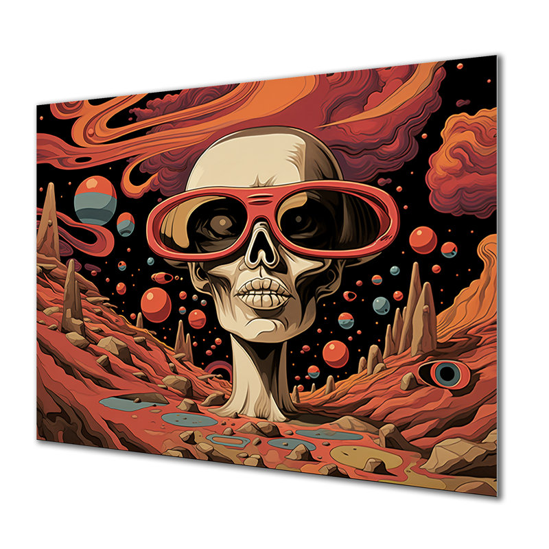 Illustration squelettique élégante du crâne à la mode II - art mural en métal mode crâne, H 24 po x l 32 po x P 1 po