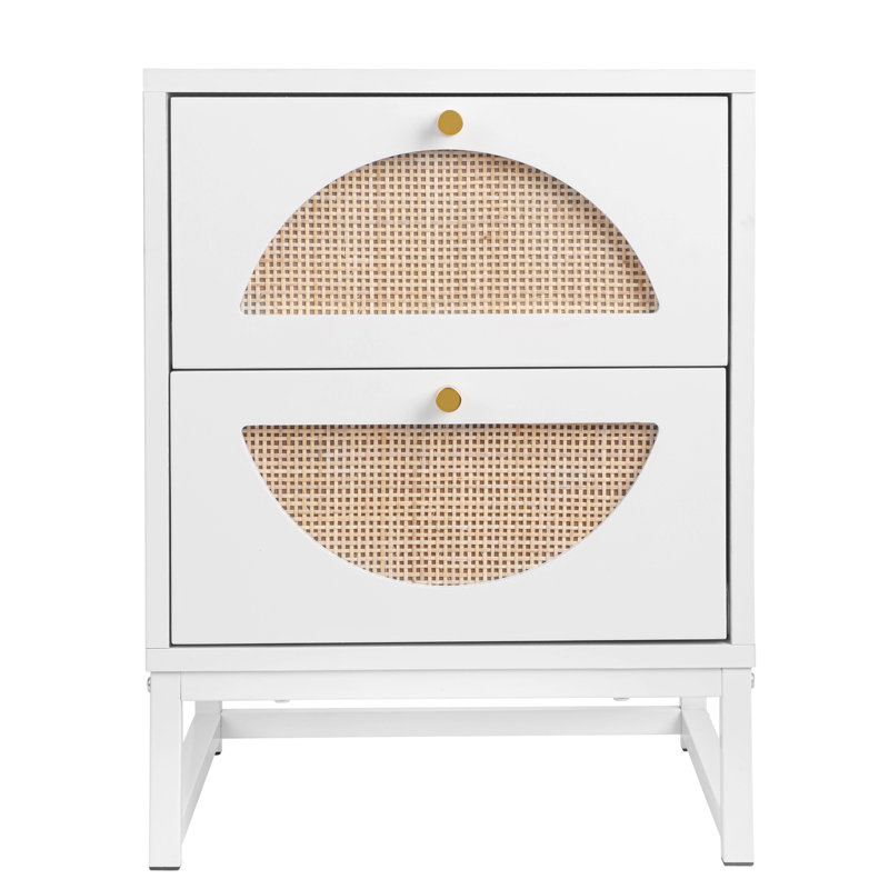 Clariano Rattan Nightstand With 2 Drawer, White/Gold, Set of 1