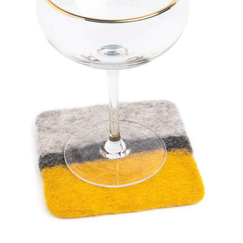 Cotton Square 4 Piece Coaster Set, Yellow/Gray/Black