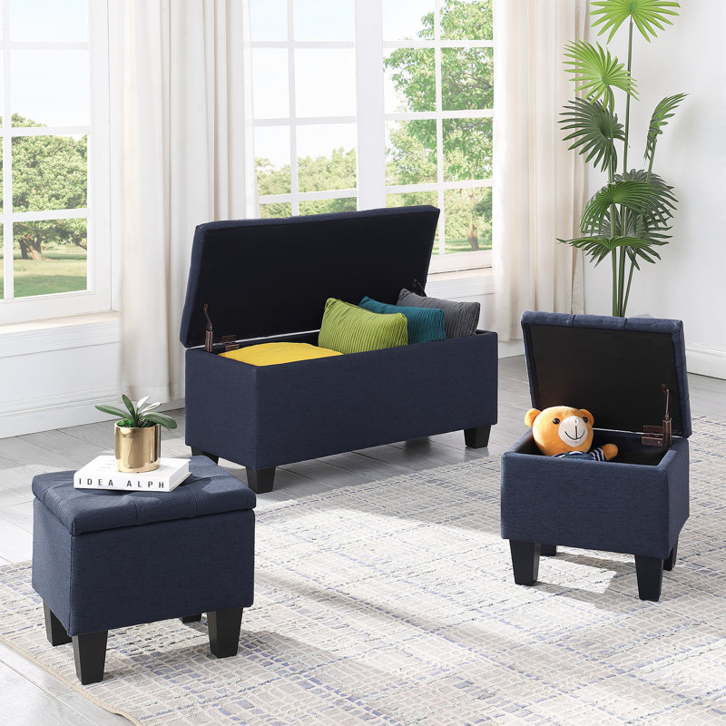 Deiara 3 Pieces Fabric Upholstered Storage Ottoman, Blue Linen