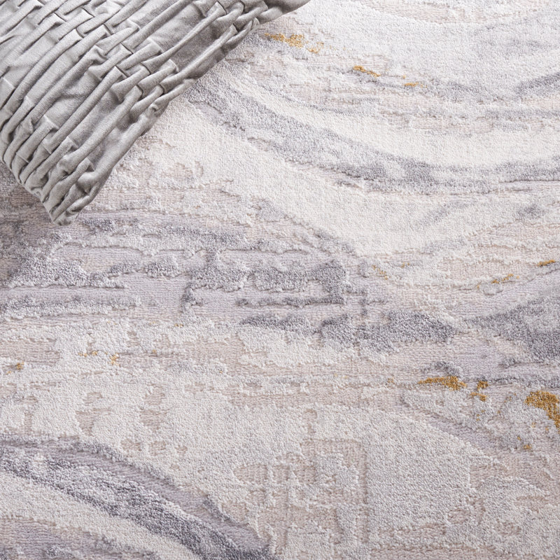 Gray and Beige Abstract Hand-Knotted Synthetic Area Rug