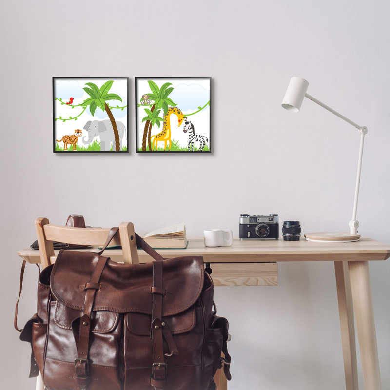Reproduction de la scène des animaux de la jungle, encadrée sur bois, 2 pièces par Kim Allen, Giclée encadrée noir minuit