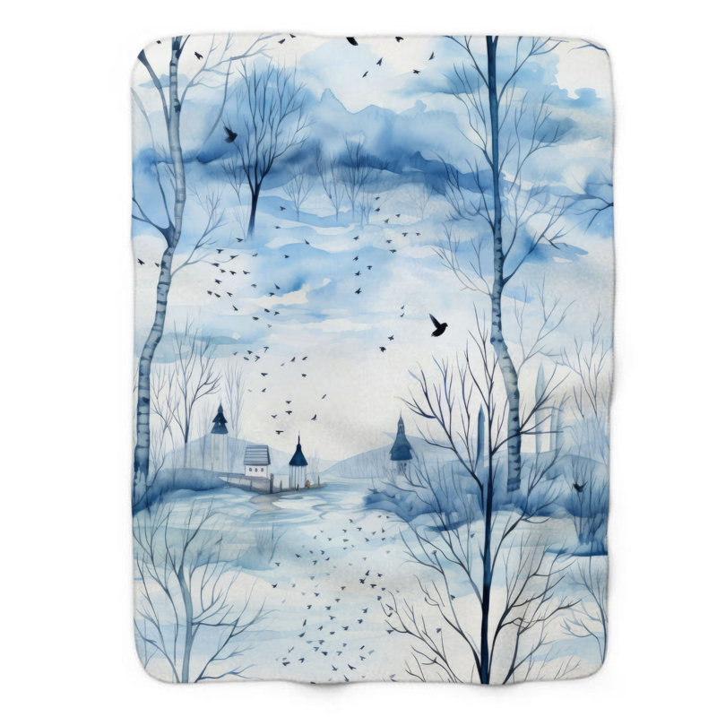 Aquarelle d'hiver - couverture Sherpa de qualité supérieure 1 pièce, Grand lit