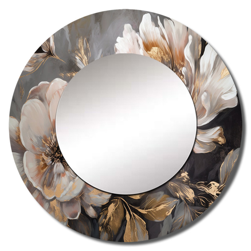 Onesimo blanc gris pivoine Blooms In Motion IV - miroir mural décoratif pivoines, miroir rond moderne, impression d'art en métal